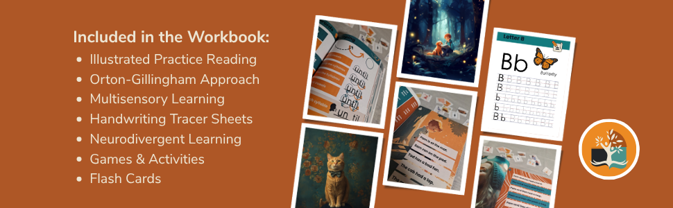 Included in the workbook: illustrated practice reading, Orton-Gillingham approach, multisensory learning, handwriting tracer sheets, games, and flash cards