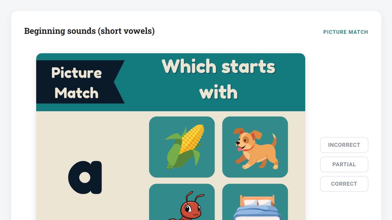 Level 1 Workbook 1 mastery check: picture match for beginning sounds