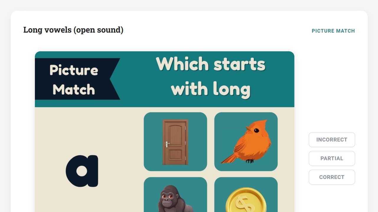 Level 1 Workbook 3 mastery check: long vowel picture match