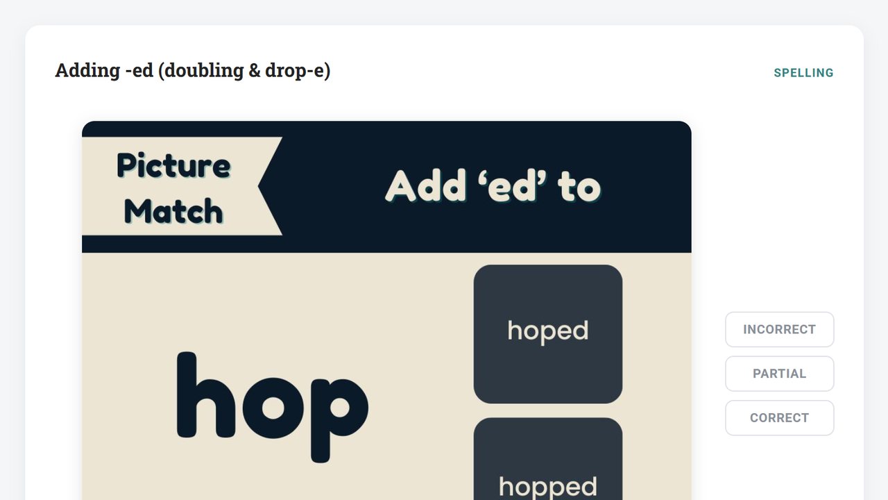 Level 2 Workbook 1 mastery check: adding -ed spelling item