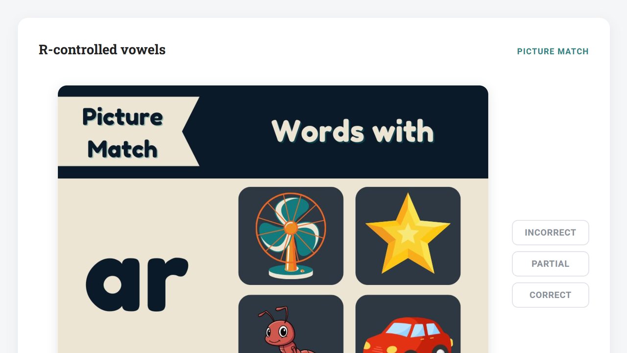 Level 2 Workbook 2 mastery check: r-controlled vowel picture match