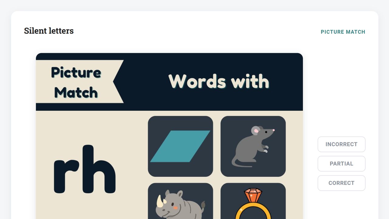 Level 2 Workbook 3 mastery check: silent letters picture match