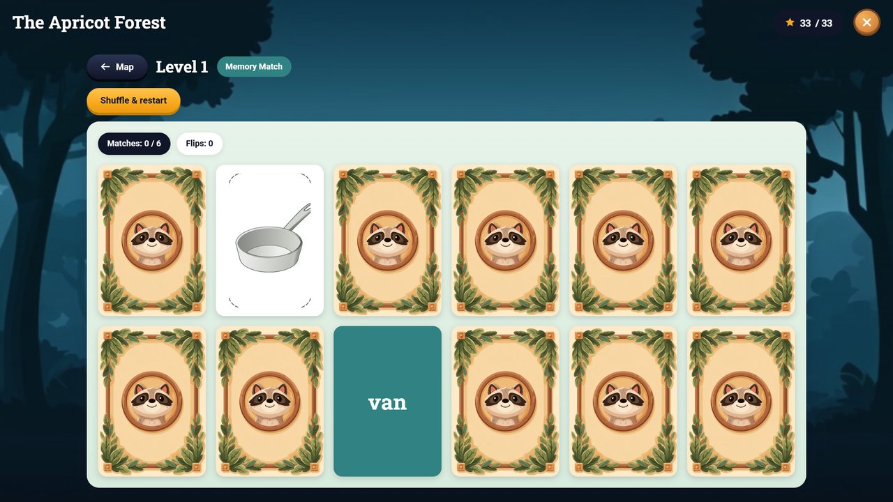 Memory Match game board with a picture card and a word card turned face up