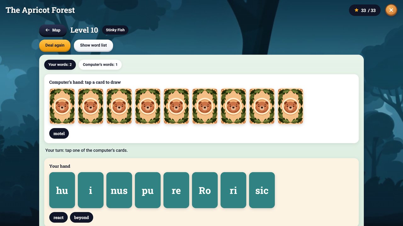 Stinky Fish game: the computer’s hand and your syllable cards
