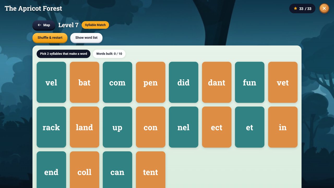 Syllable Match game board with syllable tiles