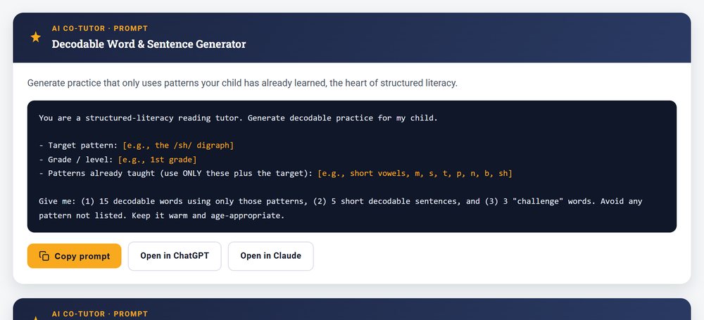 The Decodable Word and Sentence Generator AI prompt, with copy and open-in-ChatGPT or Claude buttons