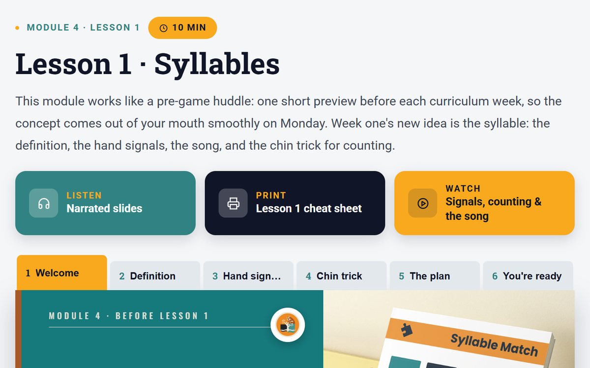 A ParentTutor Training lesson: Lesson 1, Syllables, with its narrated slide deck