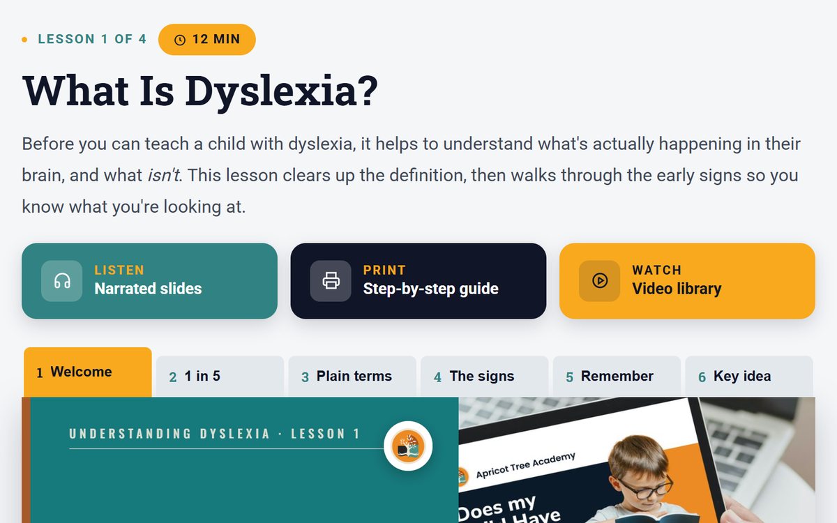 The first lesson of Understanding Dyslexia: the lesson title, the listen, print and watch options, and the narrated slide deck