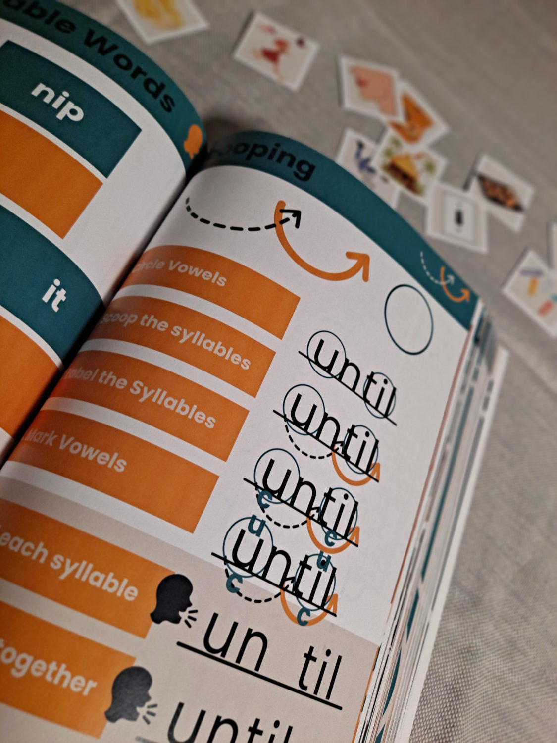Scooping the word until into syllables in the workbook